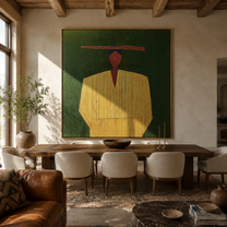 Yellow Robe Holds Still - minimal yellow figure painting by Elliot Vale, modern figurative square wall art - styled room scene view 1