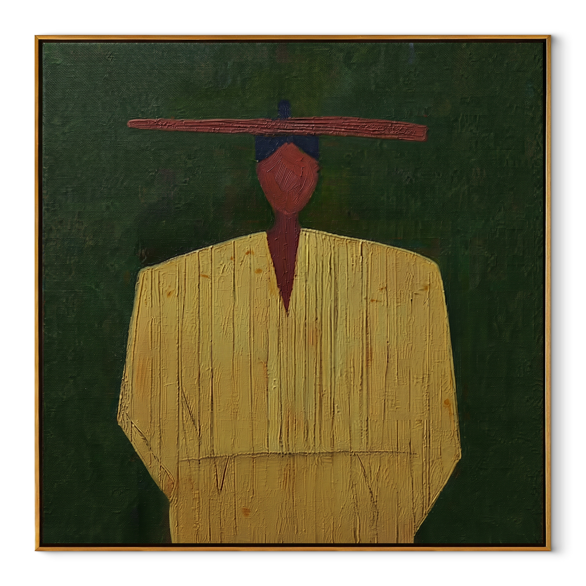 Yellow Robe Holds Still - minimal yellow figure painting by Elliot Vale, modern figurative square wall art - wood frame on white background