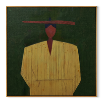 Yellow Robe Holds Still - minimal yellow figure painting by Elliot Vale, modern figurative square wall art - wood frame on white background