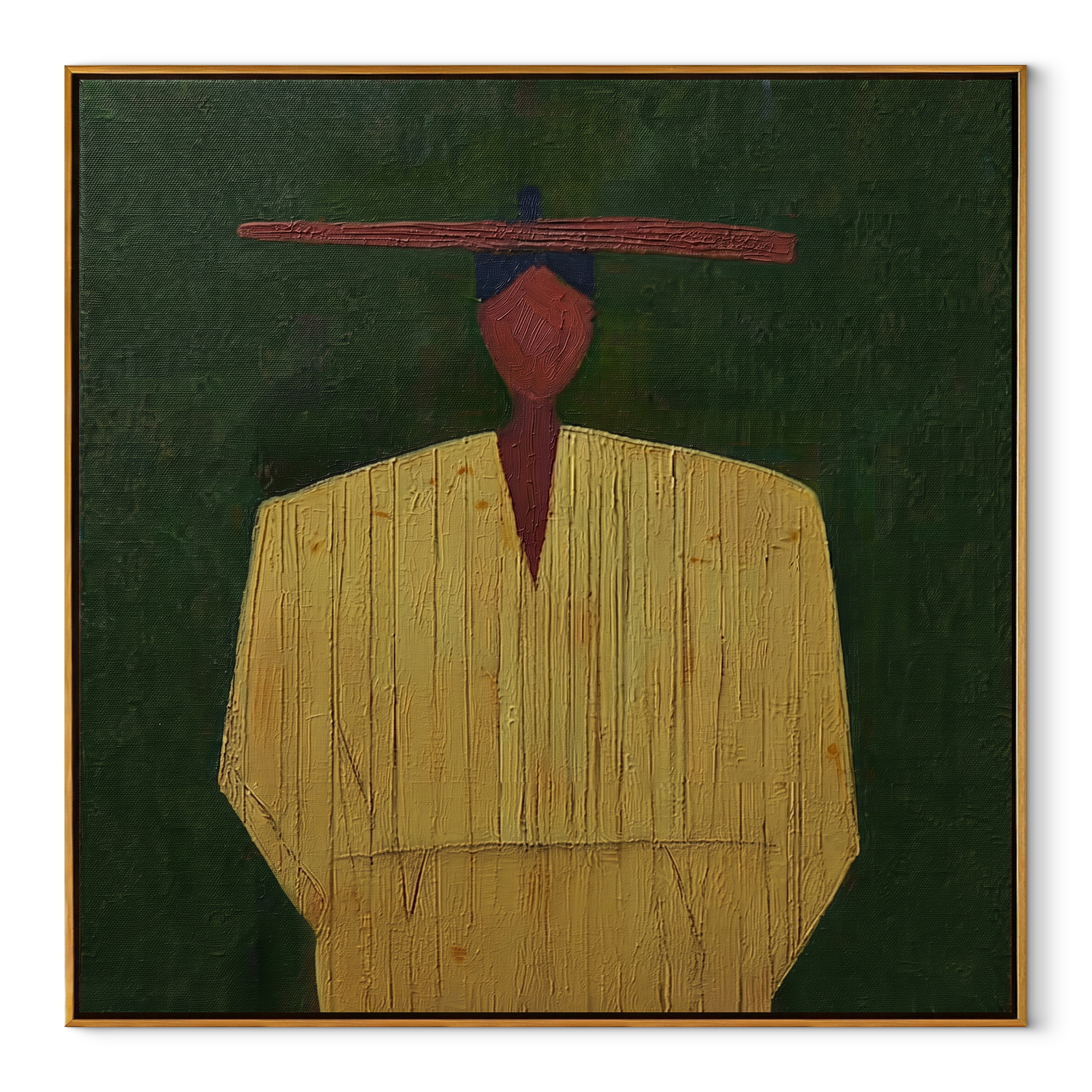 Yellow Robe Holds Still - minimal yellow figure painting by Elliot Vale, modern figurative square wall art - wood frame on white background