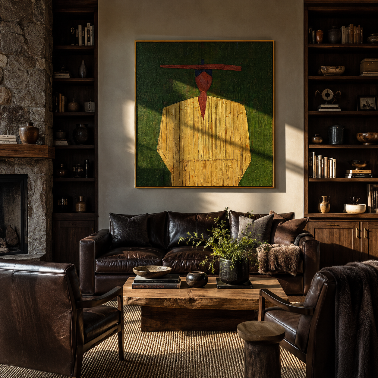 Yellow Robe Holds Still - minimal yellow figure painting by Elliot Vale, modern figurative square wall art - styled room scene view 2