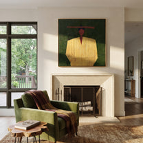 Yellow Robe Holds Still - minimal yellow figure painting by Elliot Vale, modern figurative square wall art - styled room scene view 3