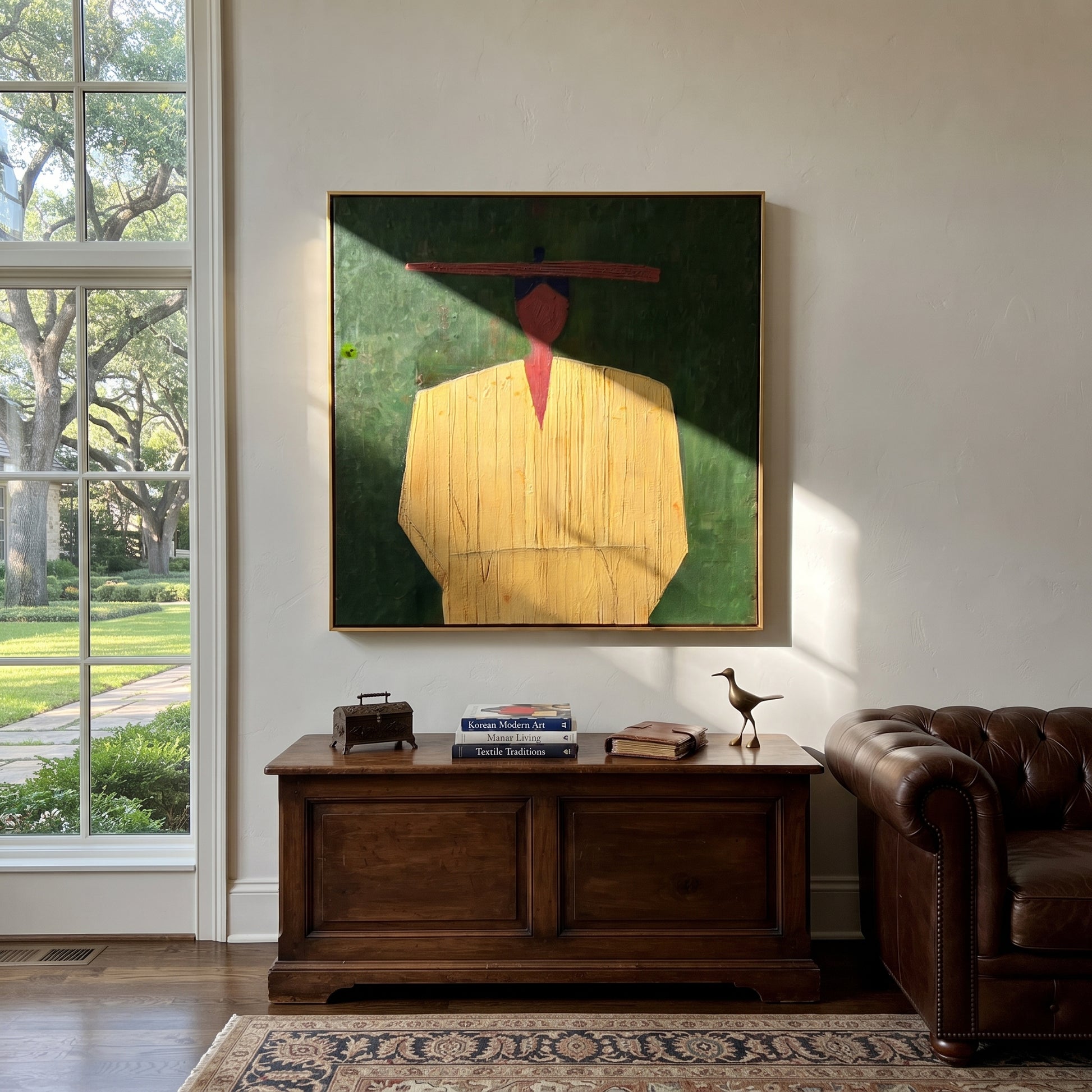Yellow Robe Holds Still - minimal yellow figure painting by Elliot Vale, modern figurative square wall art - styled room scene view 4