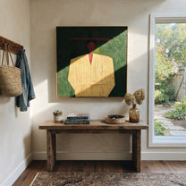 Yellow Robe Holds Still - minimal yellow figure painting by Elliot Vale, modern figurative square wall art - styled room scene view 5