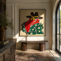 Red Scarf Meets Flowers - back view cowgirl painting by Elliot Vale, modern figurative square wall art - styled room scene view 1