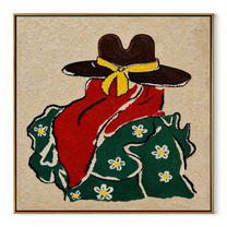 Red Scarf Meets Flowers - back view cowgirl painting by Elliot Vale, modern figurative square wall art - wood frame on white background
