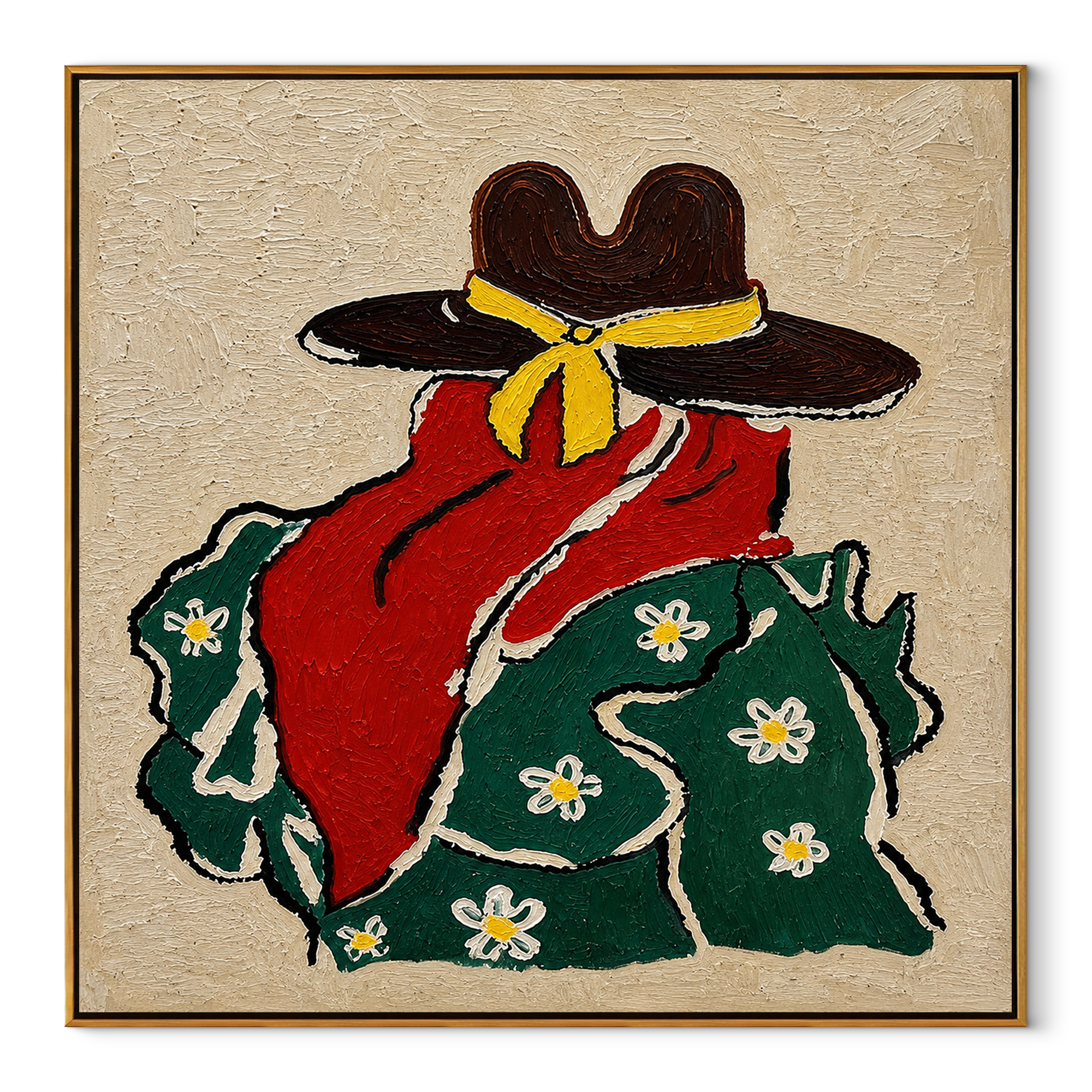 Red Scarf Meets Flowers - back view cowgirl painting by Elliot Vale, modern figurative square wall art - wood frame on white background