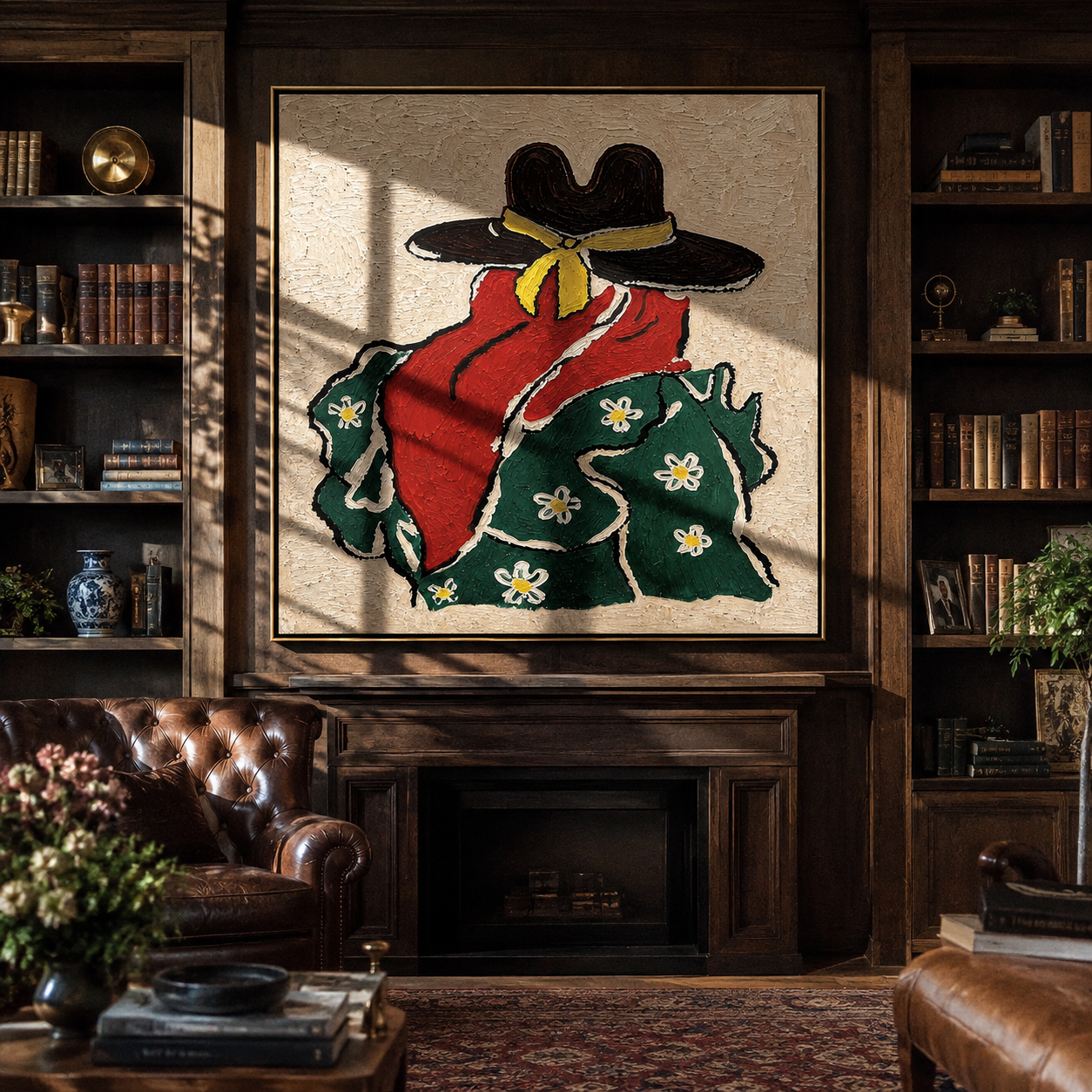 Red Scarf Meets Flowers - back view cowgirl painting by Elliot Vale, modern figurative square wall art - styled room scene view 2