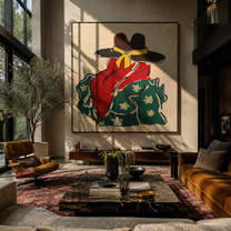Red Scarf Meets Flowers - back view cowgirl painting by Elliot Vale, modern figurative square wall art - styled room scene view 3