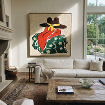 Red Scarf Meets Flowers - back view cowgirl painting by Elliot Vale, modern figurative square wall art - styled room scene view 4