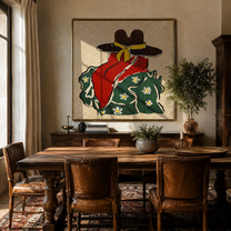 Red Scarf Meets Flowers - back view cowgirl painting by Elliot Vale, modern figurative square wall art - styled room scene view 5