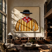 Blue Flowers Turn Away - back view cowboy painting by Elliot Vale, modern figurative square wall art - styled room scene view 1