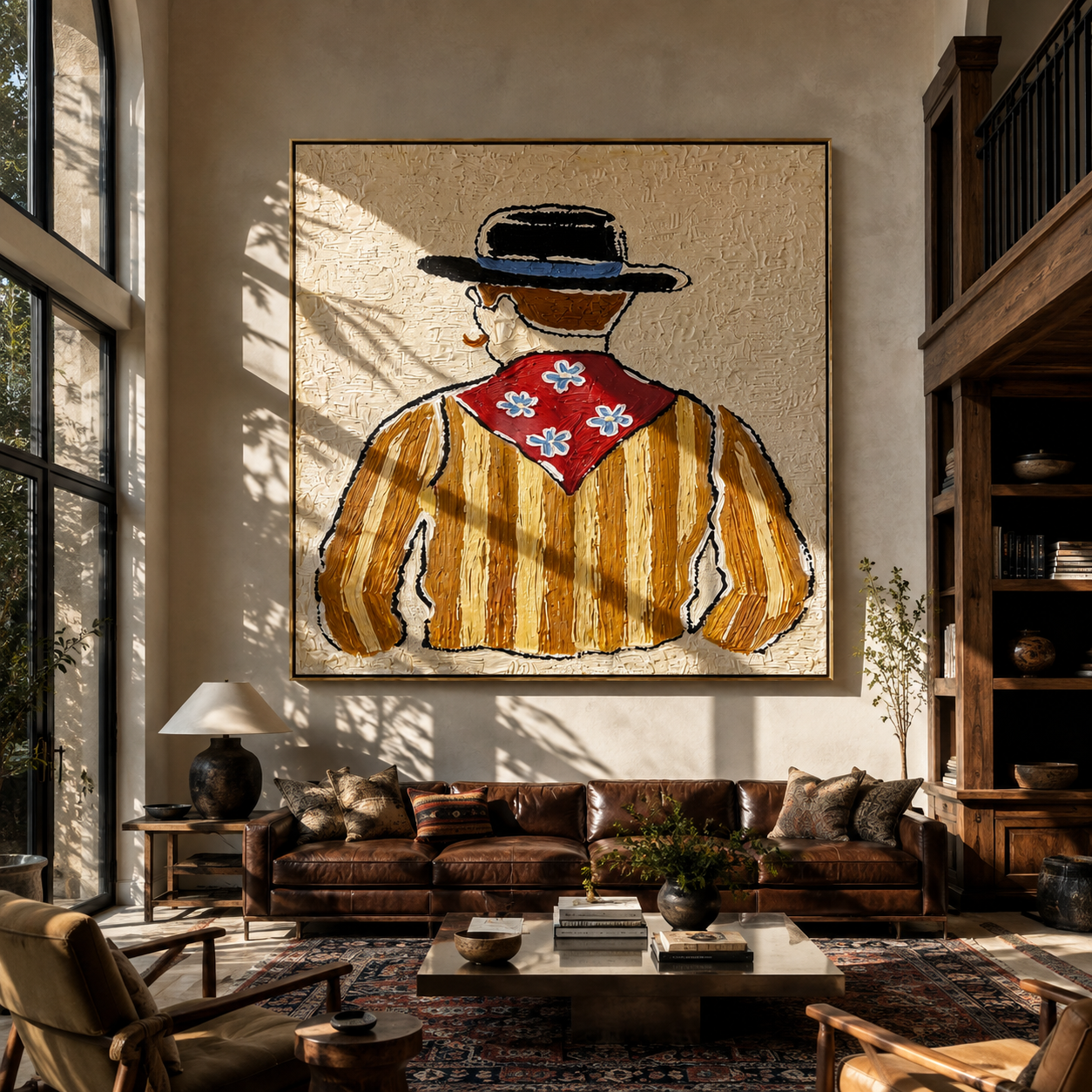 Blue Flowers Turn Away - back view cowboy painting by Elliot Vale, modern figurative square wall art - styled room scene view 1