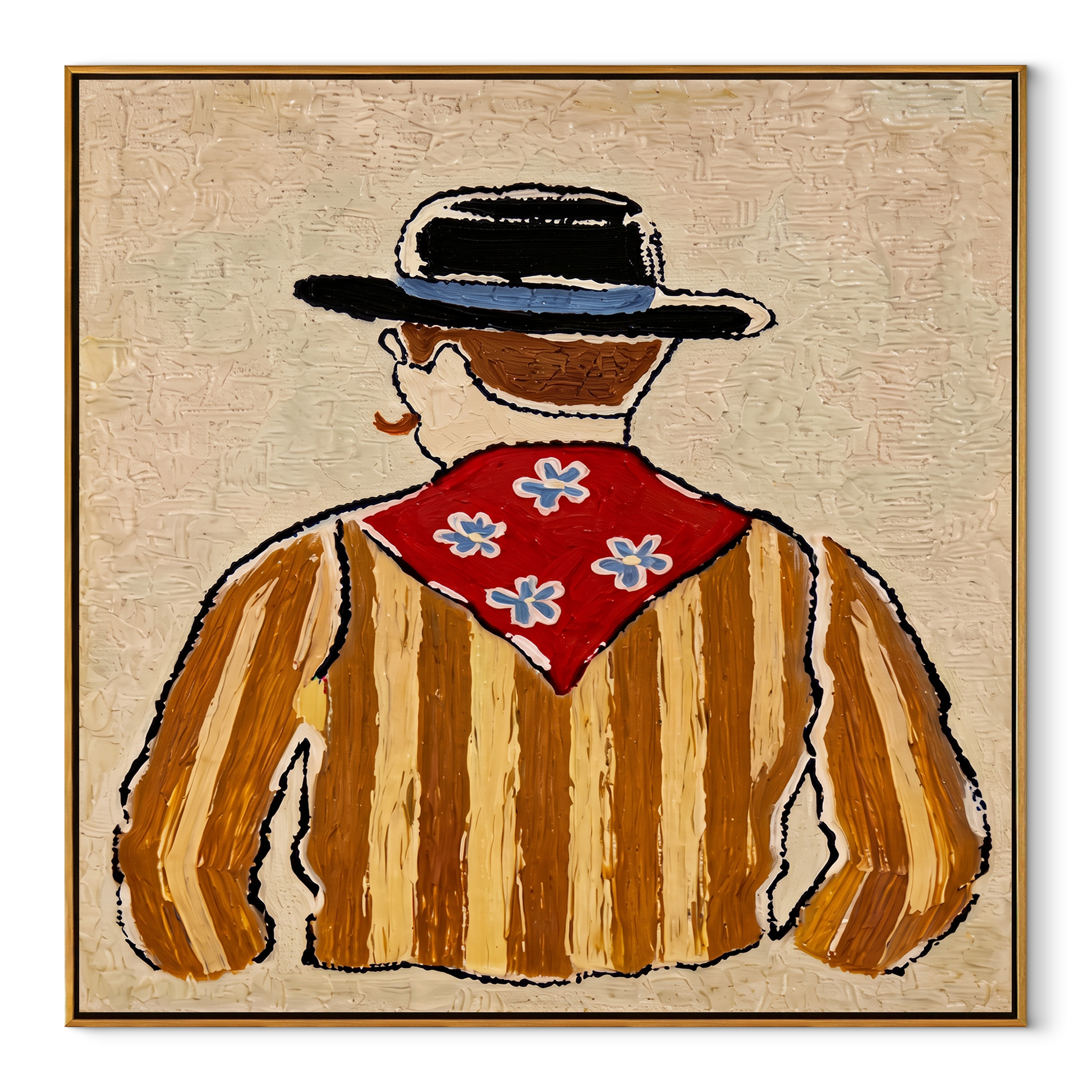 Blue Flowers Turn Away - back view cowboy painting by Elliot Vale, modern figurative square wall art - wood frame on white background