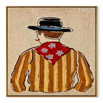 Blue Flowers Turn Away - back view cowboy painting by Elliot Vale, modern figurative square wall art - wood frame on white background