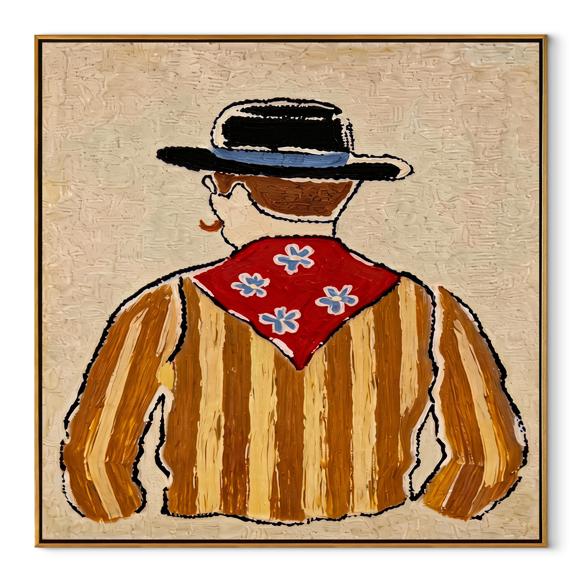 Blue Flowers Turn Away - back view cowboy painting by Elliot Vale, modern figurative square wall art - wood frame on white background