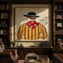 Blue Flowers Turn Away - back view cowboy painting by Elliot Vale, modern figurative square wall art - styled room scene view 2