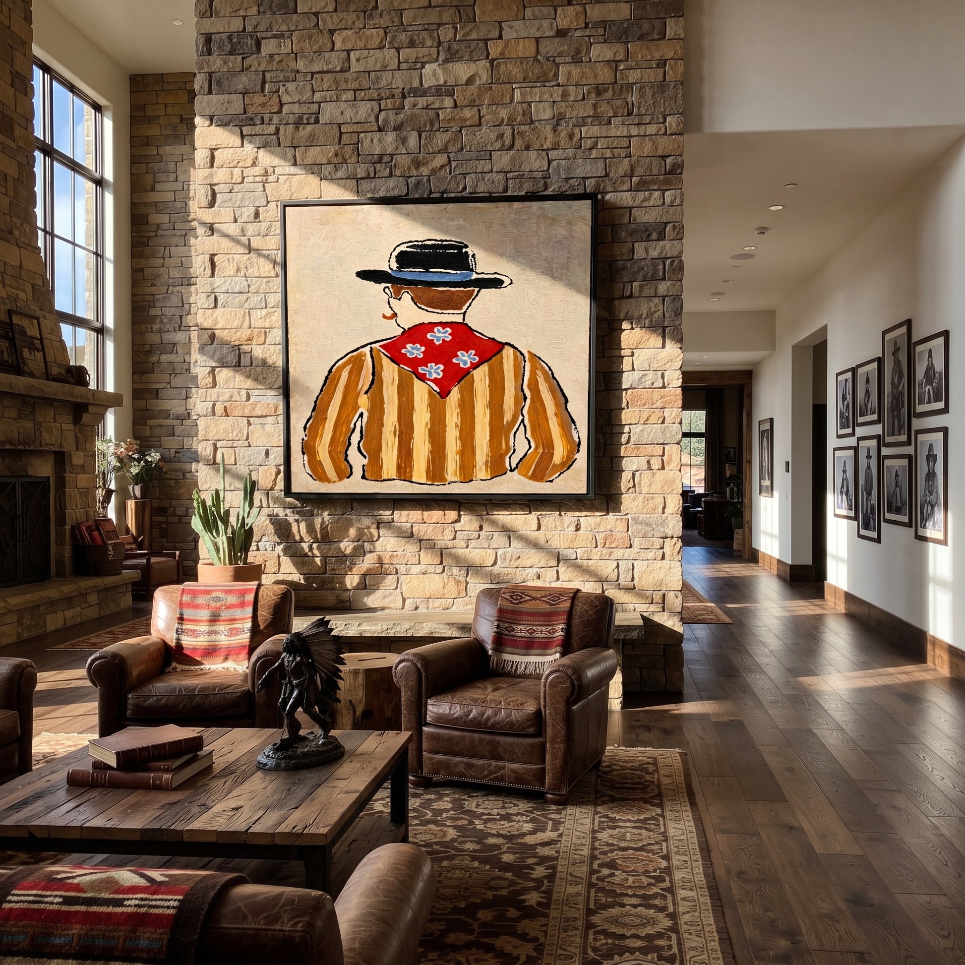 Blue Flowers Turn Away - back view cowboy painting by Elliot Vale, modern figurative square wall art - styled room scene view 3