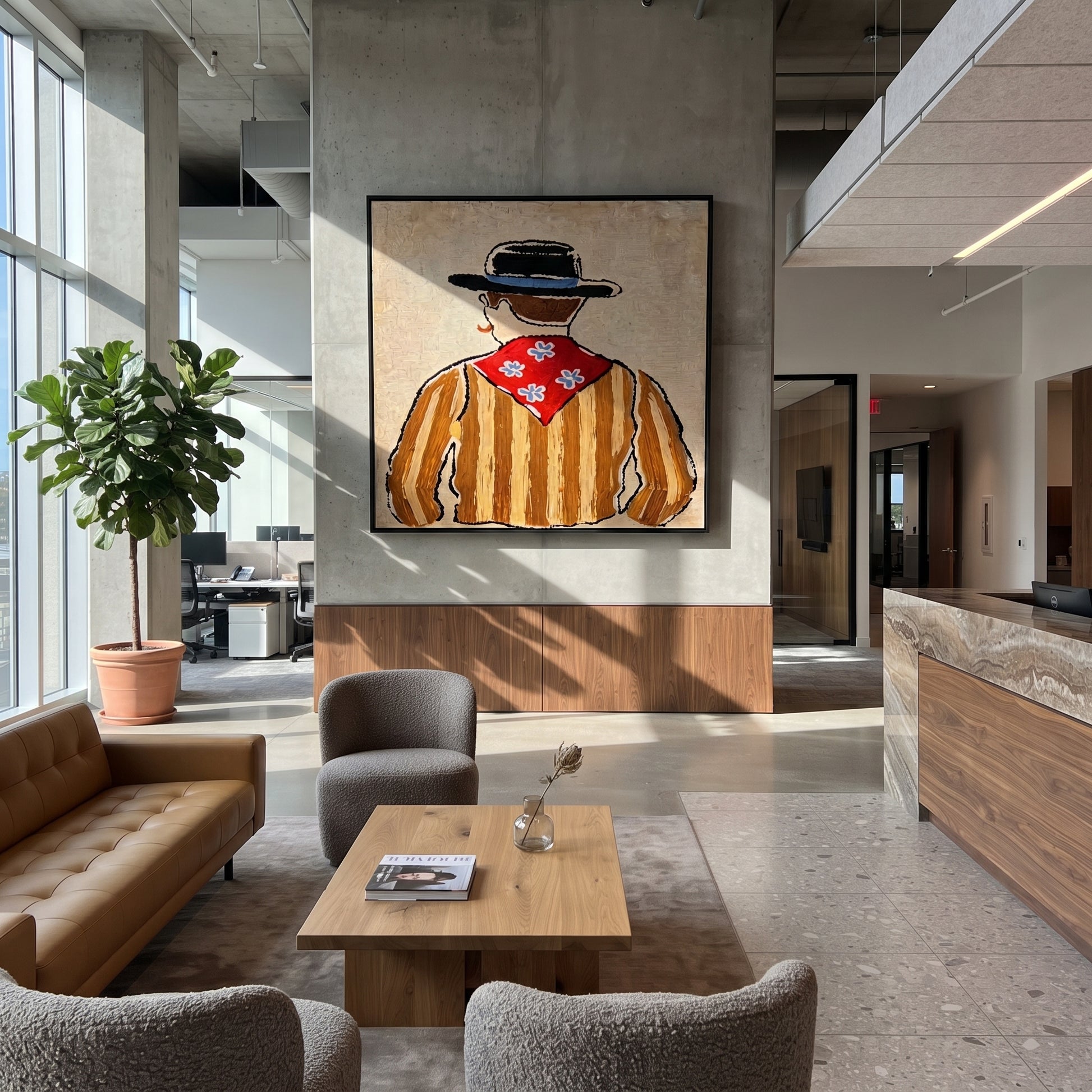 Blue Flowers Turn Away - back view cowboy painting by Elliot Vale, modern figurative square wall art - styled room scene view 4