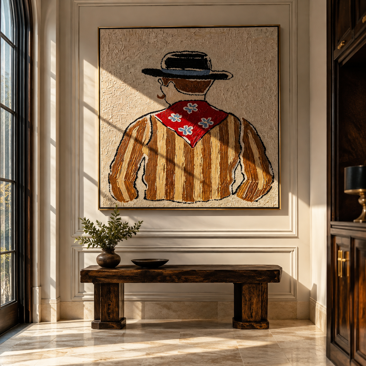 Blue Flowers Turn Away - back view cowboy painting by Elliot Vale, modern figurative square wall art - styled room scene view 5