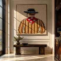 Blue Flowers Turn Away - back view cowboy painting by Elliot Vale, modern figurative square wall art - styled room scene view 5