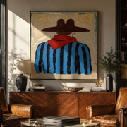 Red Scarf Guards Blue - back view cowboy painting by Elliot Vale, modern figurative square wall art - styled room scene view 1