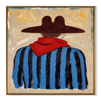 Red Scarf Guards Blue - back view cowboy painting by Elliot Vale, modern figurative square wall art - wood frame on white background