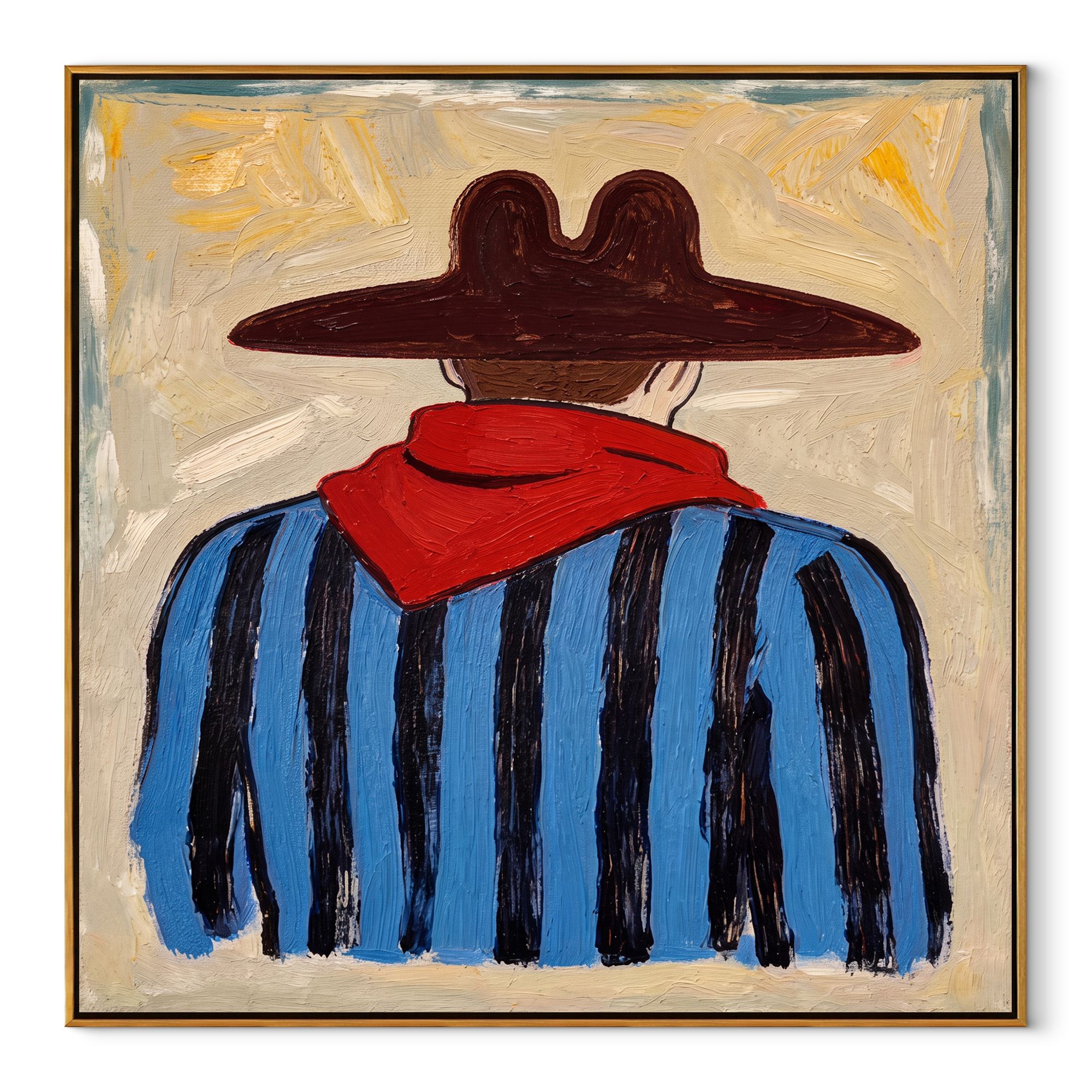 Red Scarf Guards Blue - back view cowboy painting by Elliot Vale, modern figurative square wall art - wood frame on white background