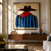 Red Scarf Guards Blue - back view cowboy painting by Elliot Vale, modern figurative square wall art - styled room scene view 2