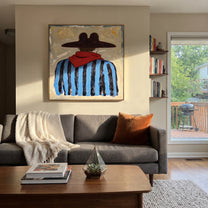 Red Scarf Guards Blue - back view cowboy painting by Elliot Vale, modern figurative square wall art - styled room scene view 3