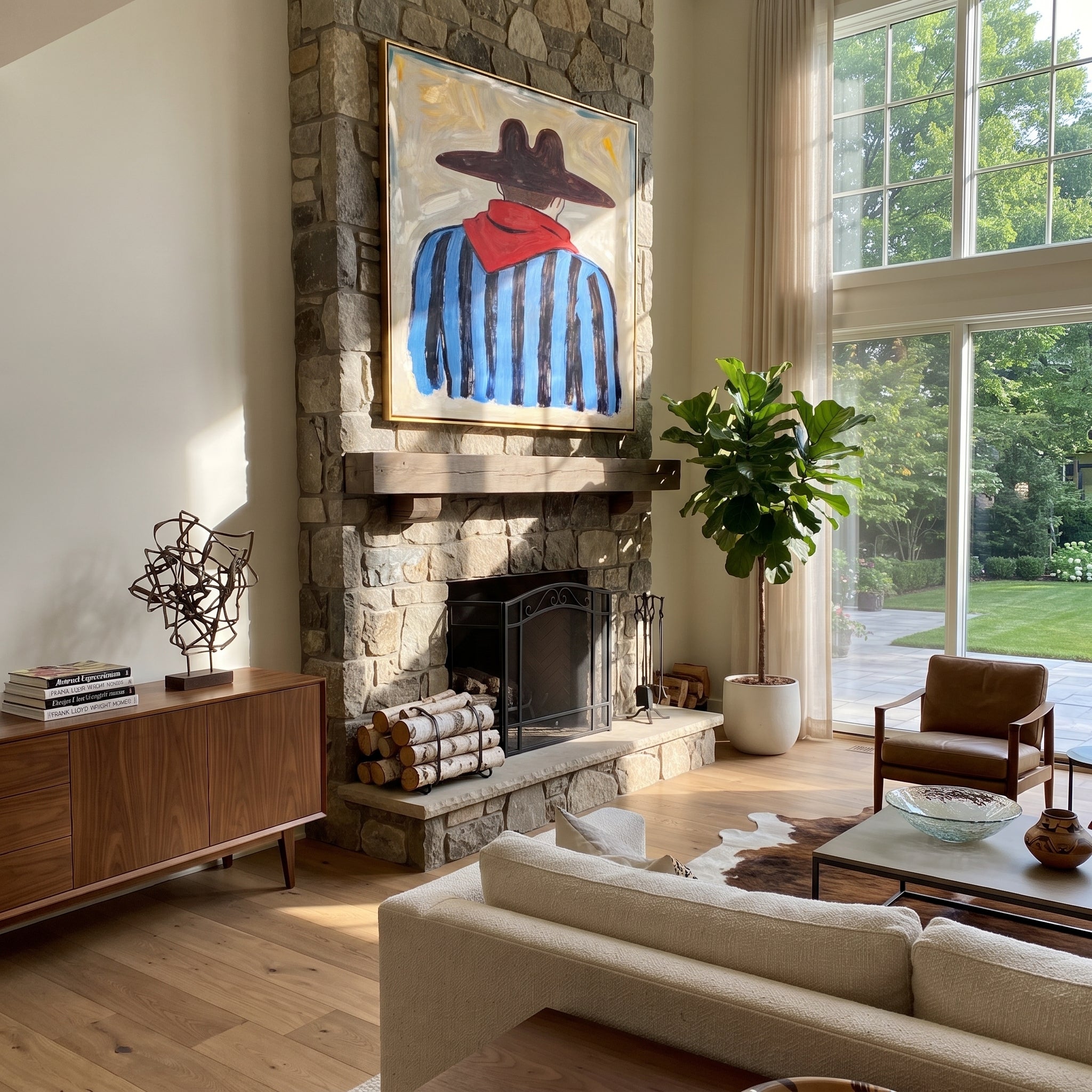 Red Scarf Guards Blue - back view cowboy painting by Elliot Vale, modern figurative square wall art - styled room scene view 4