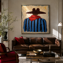 Red Scarf Guards Blue - back view cowboy painting by Elliot Vale, modern figurative square wall art - styled room scene view 5