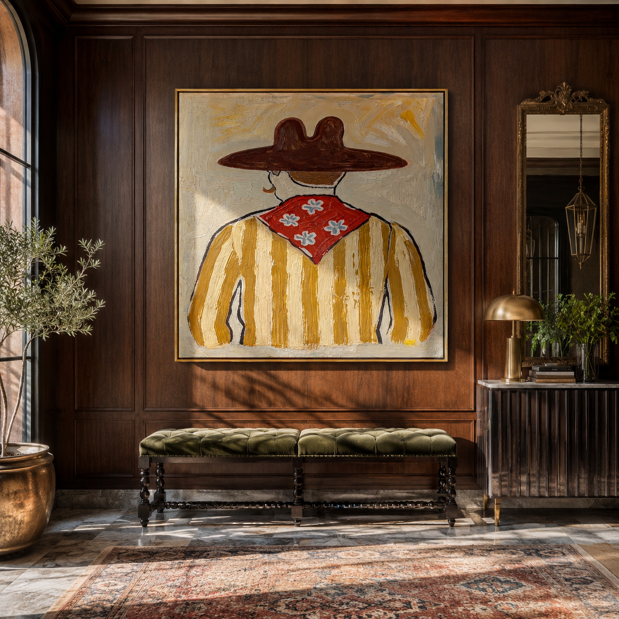 Flower Scarf Faces Away - back view western painting by Elliot Vale, modern figurative square wall art - styled room scene view 1