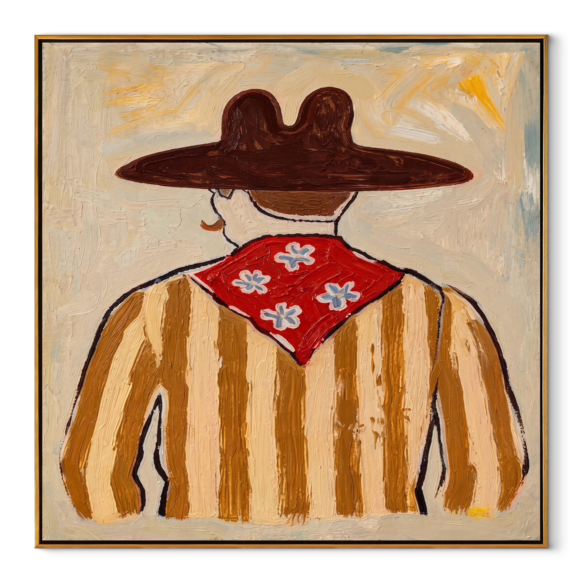 Flower Scarf Faces Away - back view western painting by Elliot Vale, modern figurative square wall art - wood frame on white background
