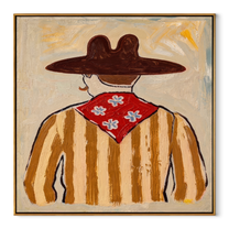 Flower Scarf Faces Away - back view western painting by Elliot Vale, modern figurative square wall art - wood frame on white background