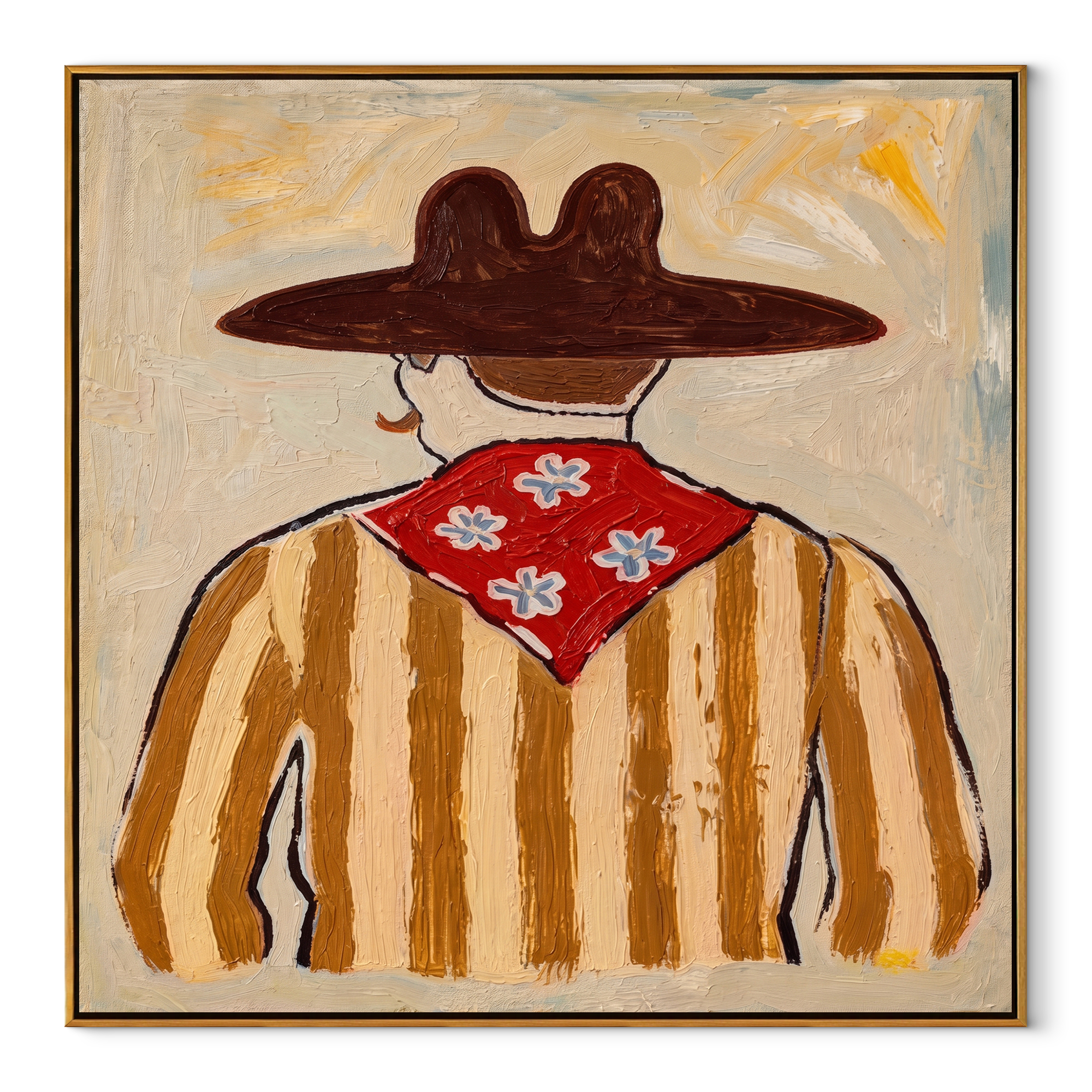 Flower Scarf Faces Away - back view western painting by Elliot Vale, modern figurative square wall art - wood frame on white background