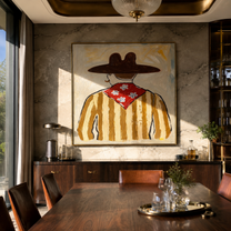 Flower Scarf Faces Away - back view western painting by Elliot Vale, modern figurative square wall art - styled room scene view 2