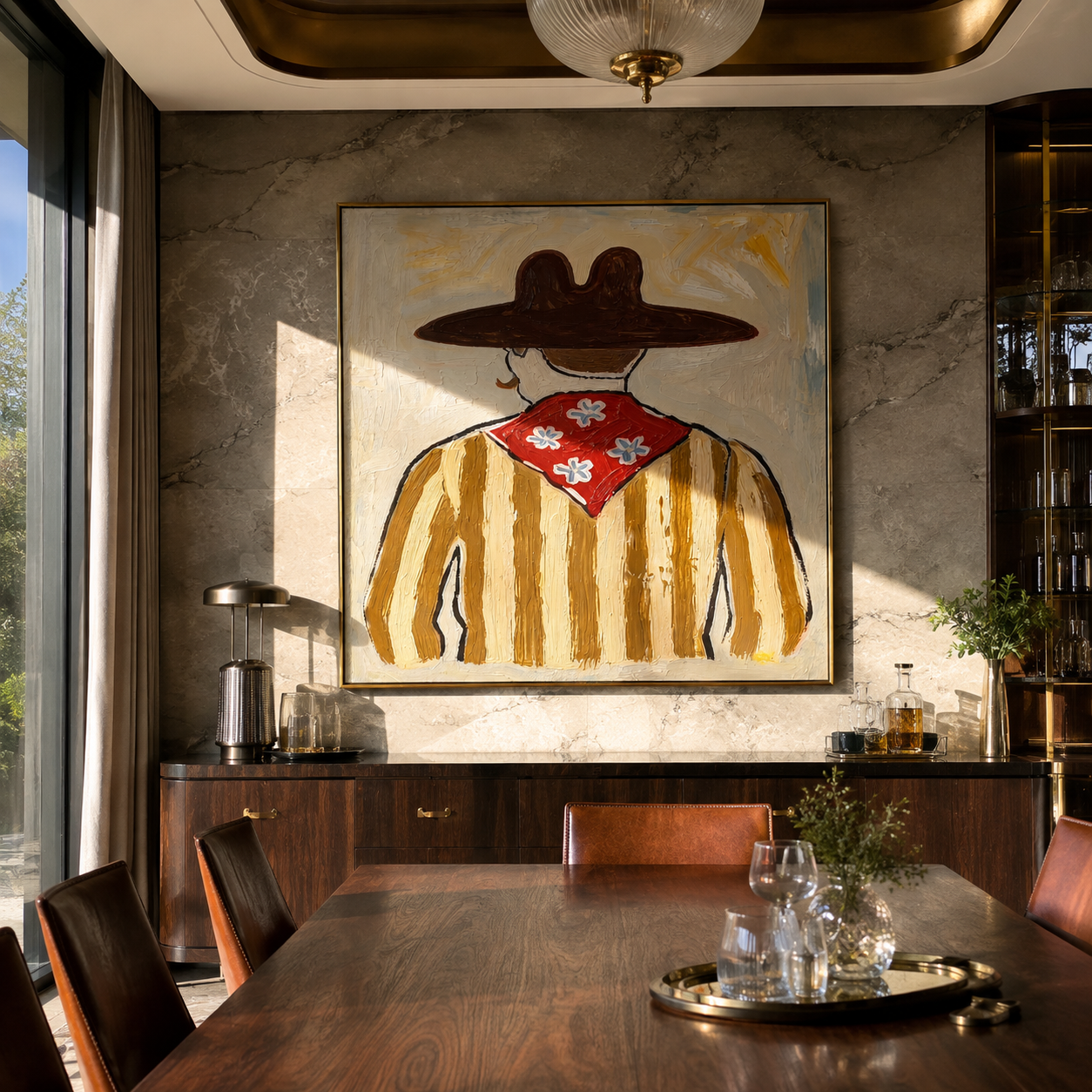 Flower Scarf Faces Away - back view western painting by Elliot Vale, modern figurative square wall art - styled room scene view 2