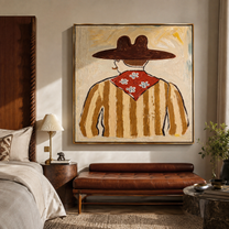 Flower Scarf Faces Away - back view western painting by Elliot Vale, modern figurative square wall art - styled room scene view 3