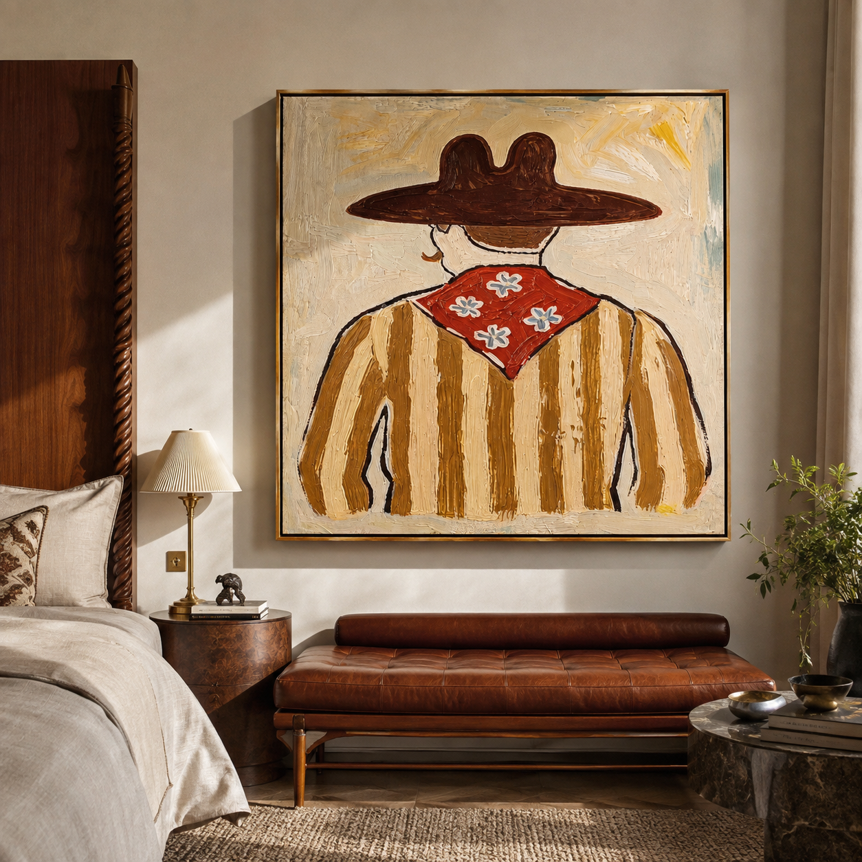 Flower Scarf Faces Away - back view western painting by Elliot Vale, modern figurative square wall art - styled room scene view 3