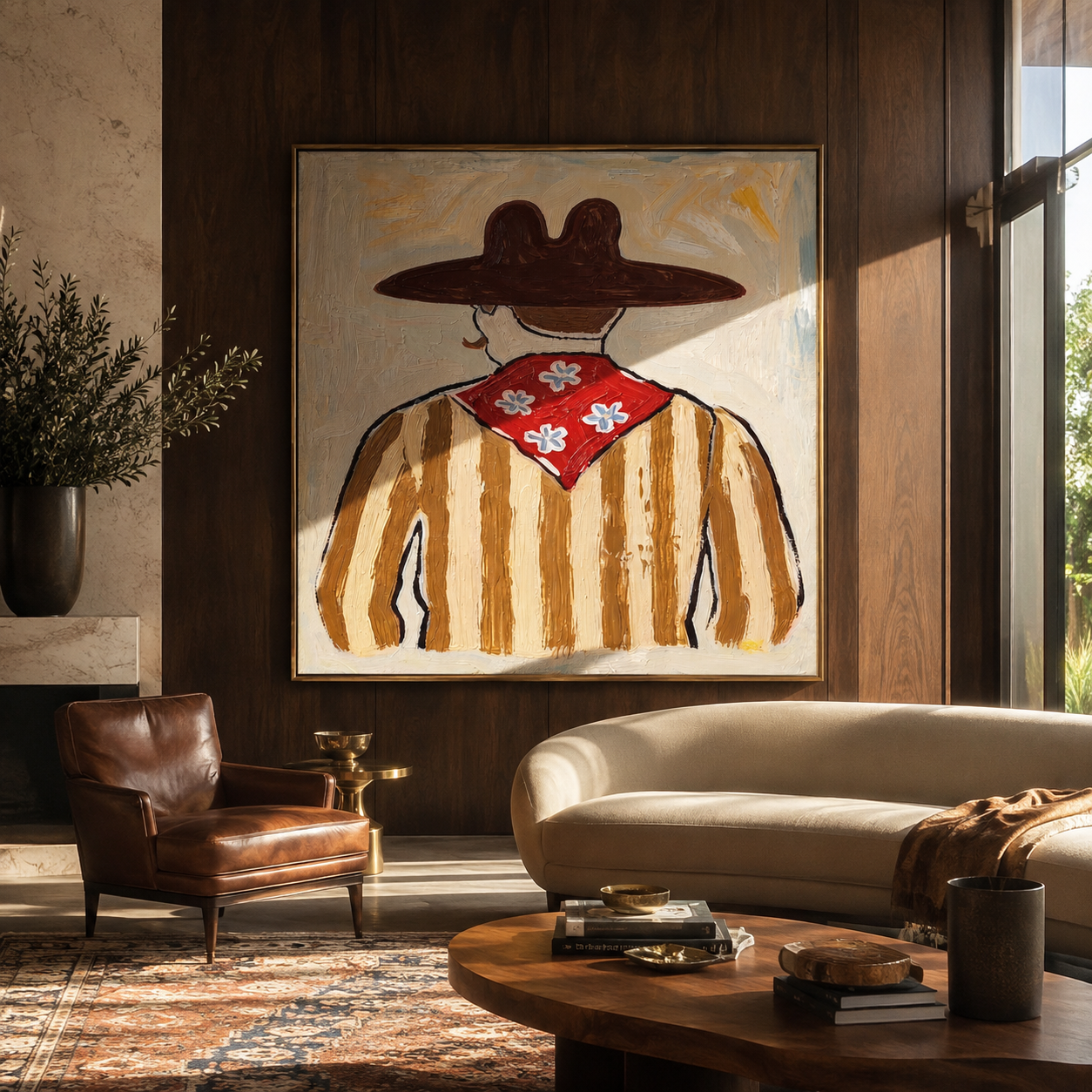 Flower Scarf Faces Away - back view western painting by Elliot Vale, modern figurative square wall art - styled room scene view 4