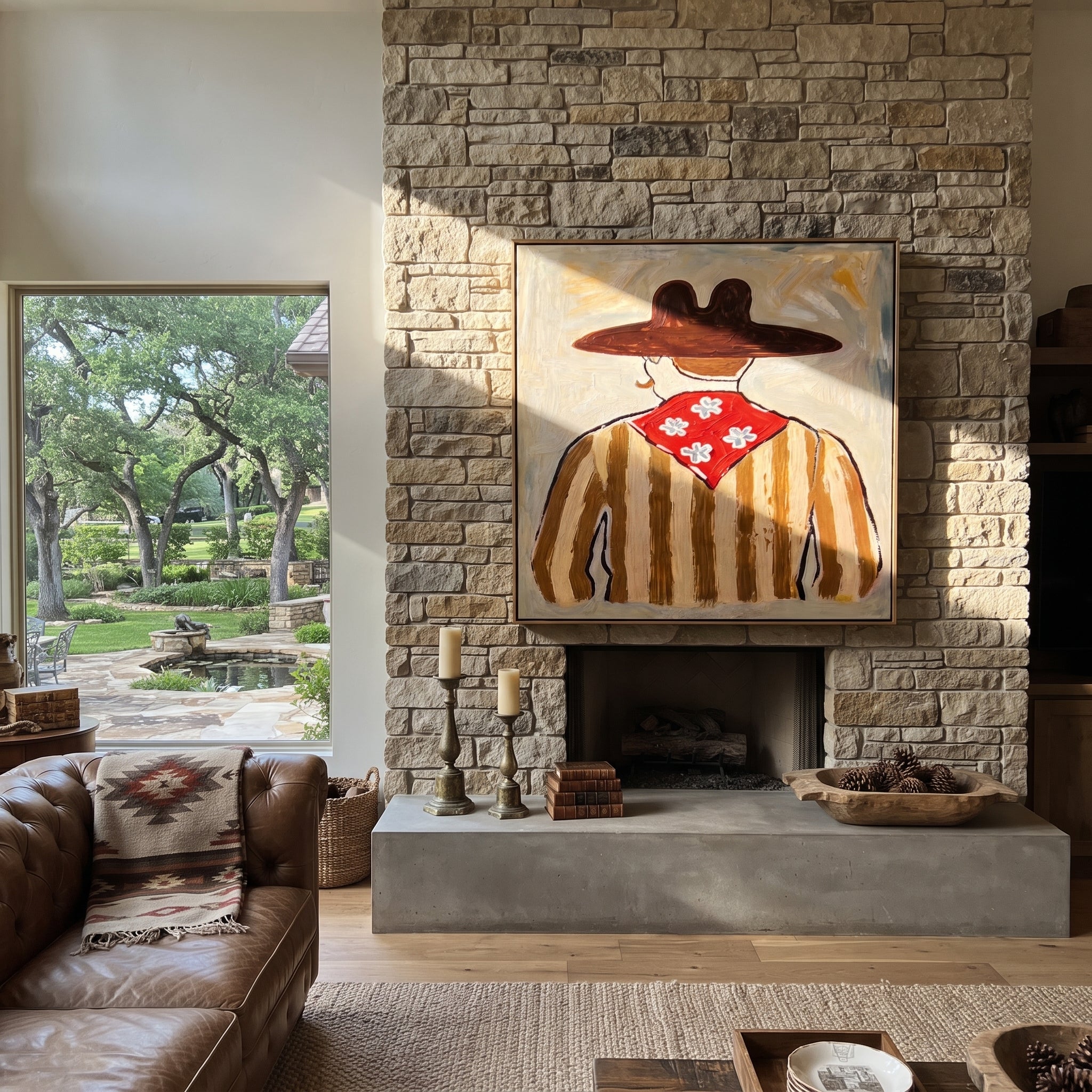 Flower Scarf Faces Away - back view western painting by Elliot Vale, modern figurative square wall art - styled room scene view 5
