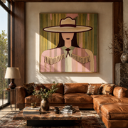 Pastel Stripes Hold Fringe - pastel cowgirl portrait painting by Elliot Vale, modern figurative square wall art - styled room scene view 1