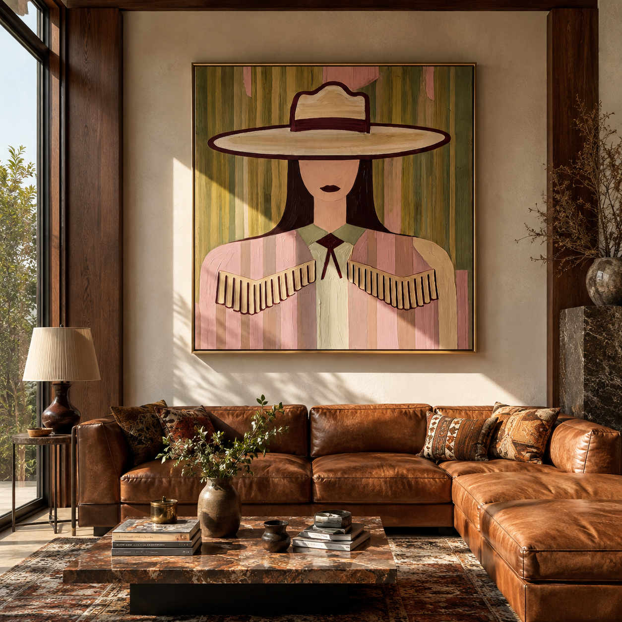 Pastel Stripes Hold Fringe - pastel cowgirl portrait painting by Elliot Vale, modern figurative square wall art - styled room scene view 1