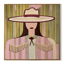Pastel Stripes Hold Fringe - pastel cowgirl portrait painting by Elliot Vale, modern figurative square wall art - wood frame on white background
