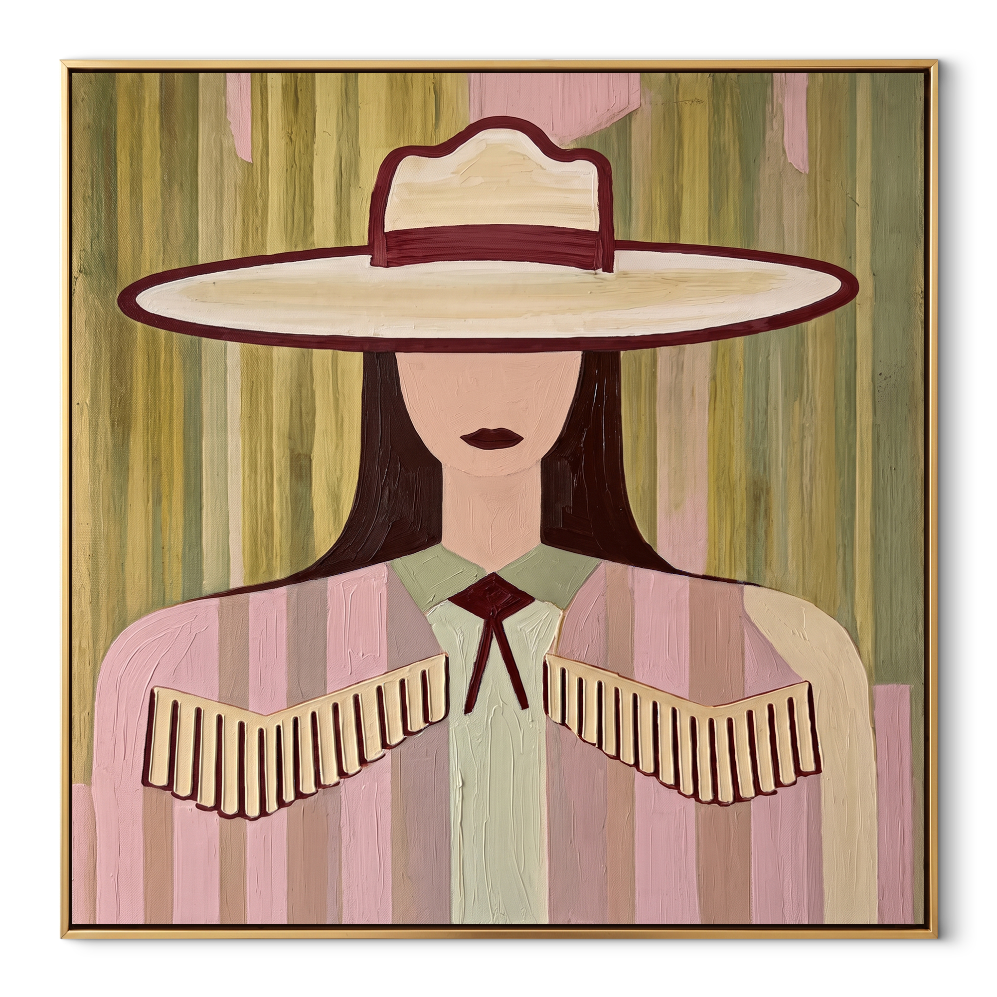 Pastel Stripes Hold Fringe - pastel cowgirl portrait painting by Elliot Vale, modern figurative square wall art - wood frame on white background
