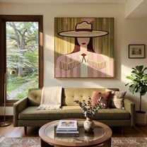 Pastel Stripes Hold Fringe - pastel cowgirl portrait painting by Elliot Vale, modern figurative square wall art - styled room scene view 2