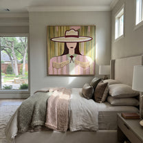 Pastel Stripes Hold Fringe - pastel cowgirl portrait painting by Elliot Vale, modern figurative square wall art - styled room scene view 3