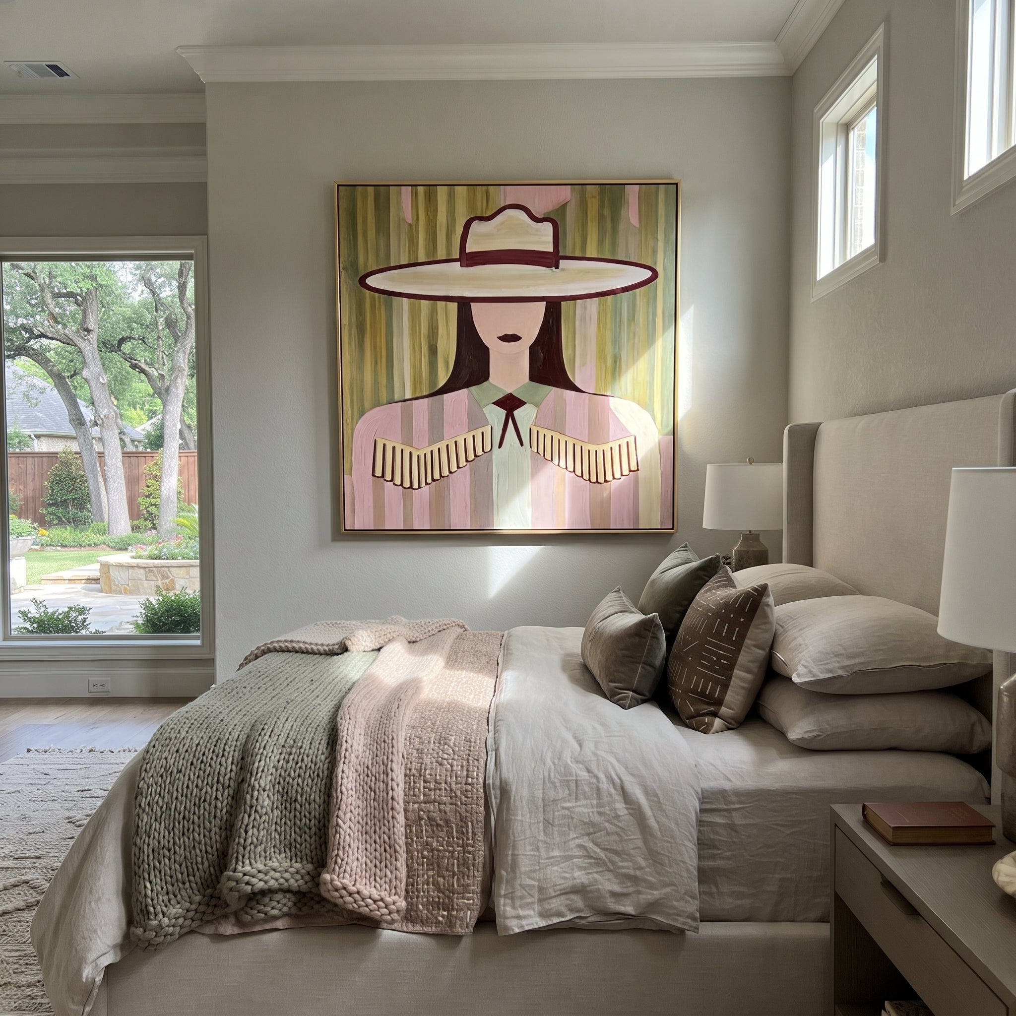 Pastel Stripes Hold Fringe - pastel cowgirl portrait painting by Elliot Vale, modern figurative square wall art - styled room scene view 3