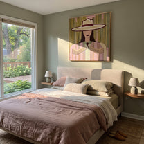 Pastel Stripes Hold Fringe - pastel cowgirl portrait painting by Elliot Vale, modern figurative square wall art - styled room scene view 4